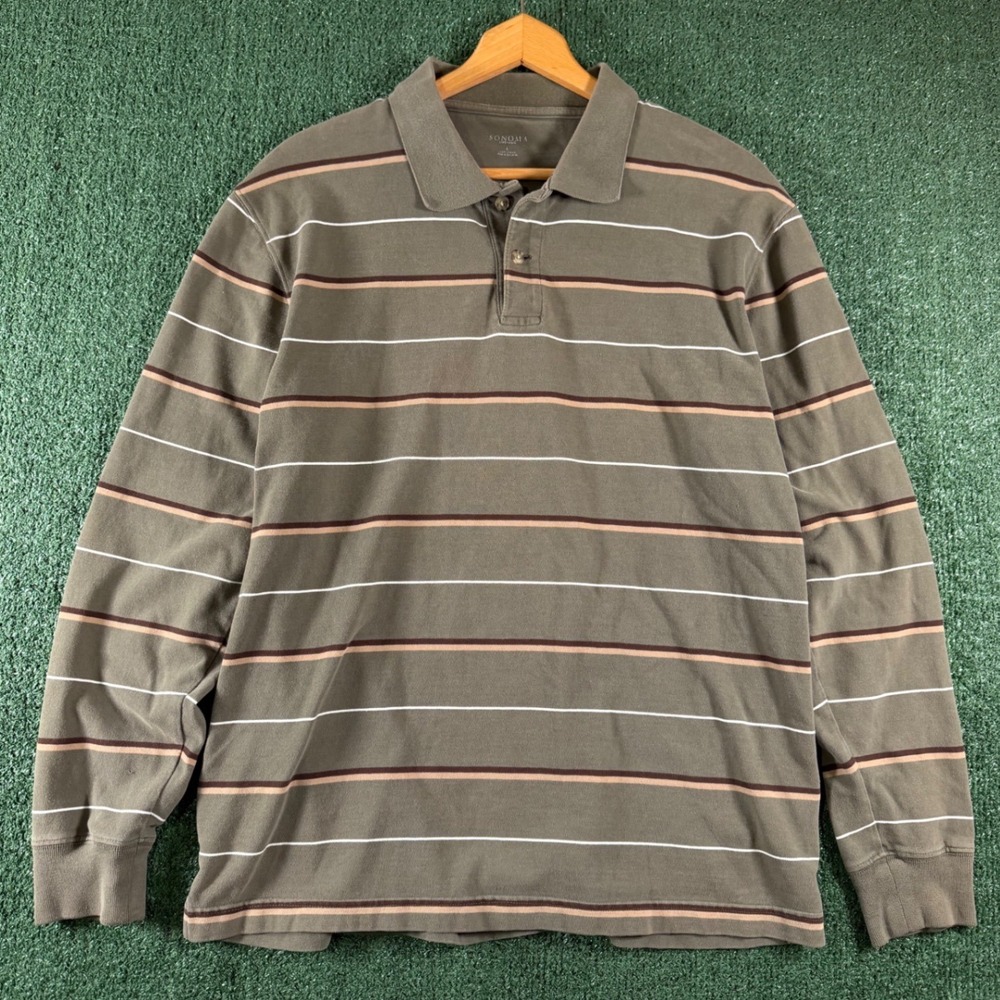 Sonoma Polo Shirt Mens Large Green Striped Good Long Sleeve Cotton Jersey